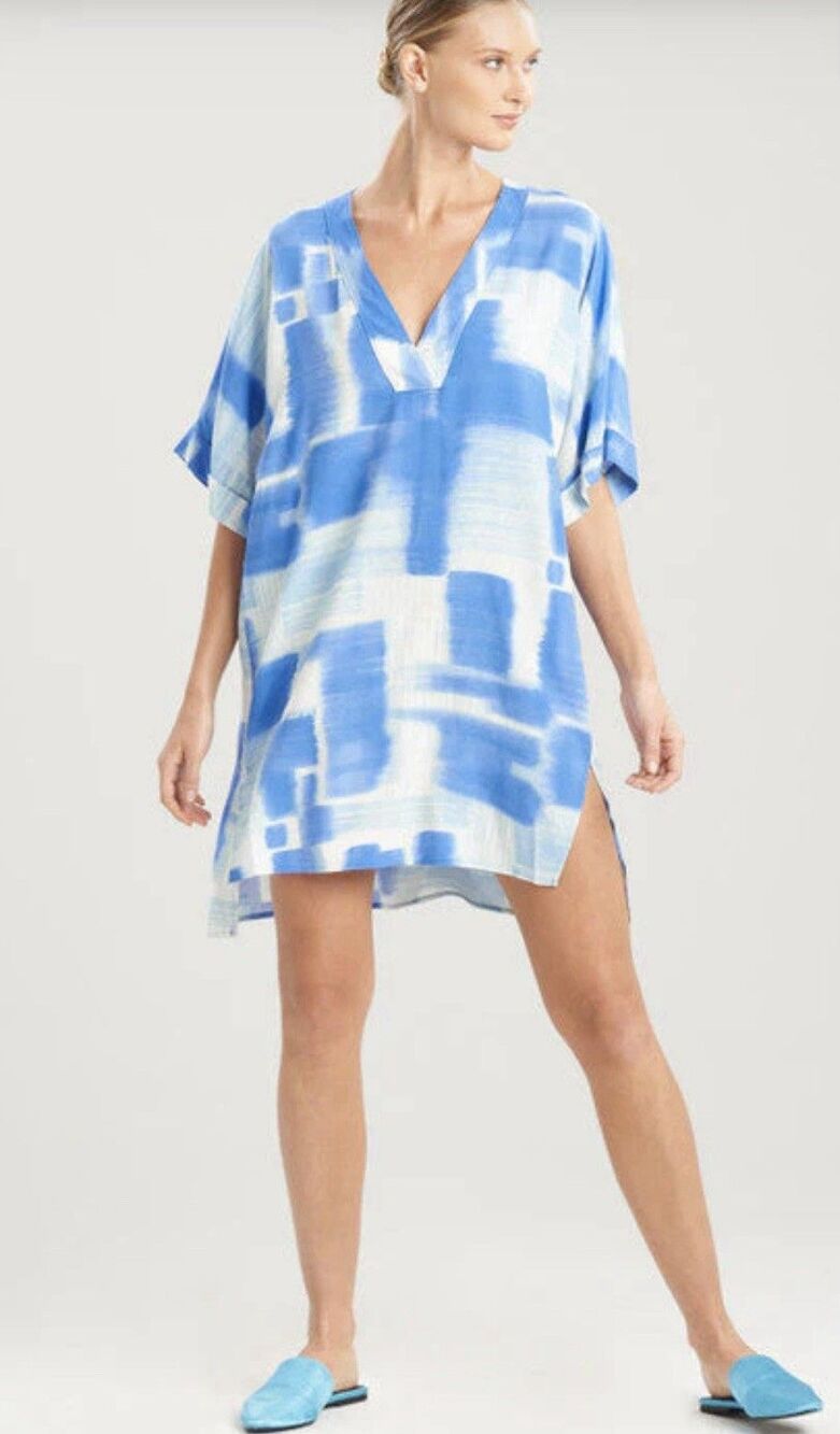Natori Kasuri Size L Ocean Blue/White Sleepshirt Coverup Everyday Beach Timeless